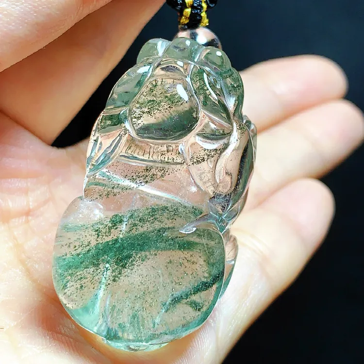 东海水晶天然貔貅绿幽灵100%真品水晶吊坠毛衣链聚宝盆坠男女网红