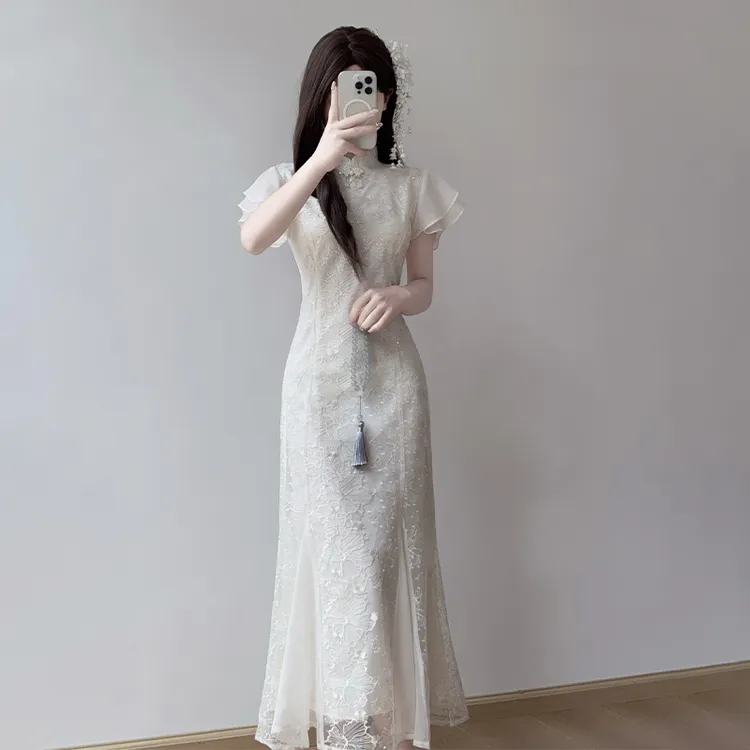 伴娘装新中式国风改良刺绣旗袍鱼尾领证订婚白色连衣裙宴会礼服