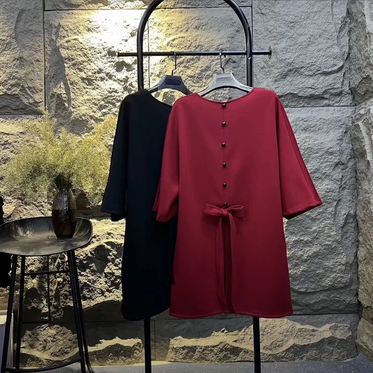 大码秋冬中长款时尚百搭显瘦圆领后背蝴蝶结系带分袖T恤上衣3565