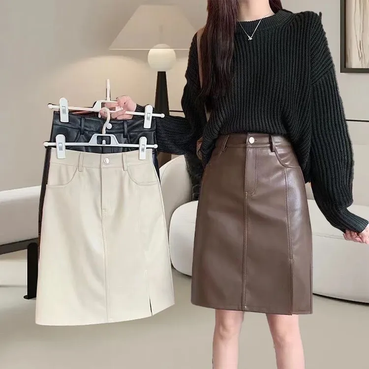 大码皮裙半身裙女中裙高腰开叉a字裙秋冬遮肚子显瘦pu小包臀裙子