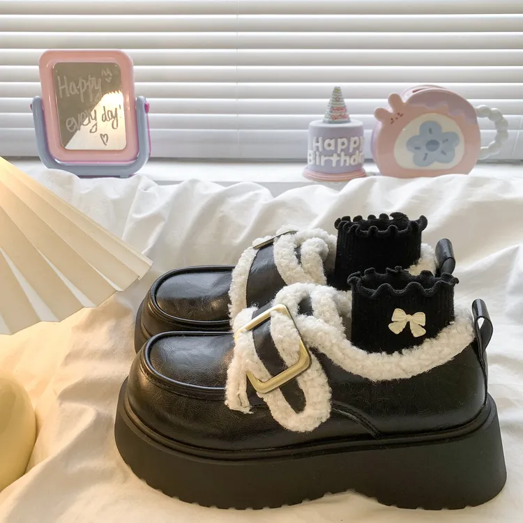 英伦风复古黑色加绒乐福鞋女2025新款冬季保暖毛毛松糕厚底小皮鞋