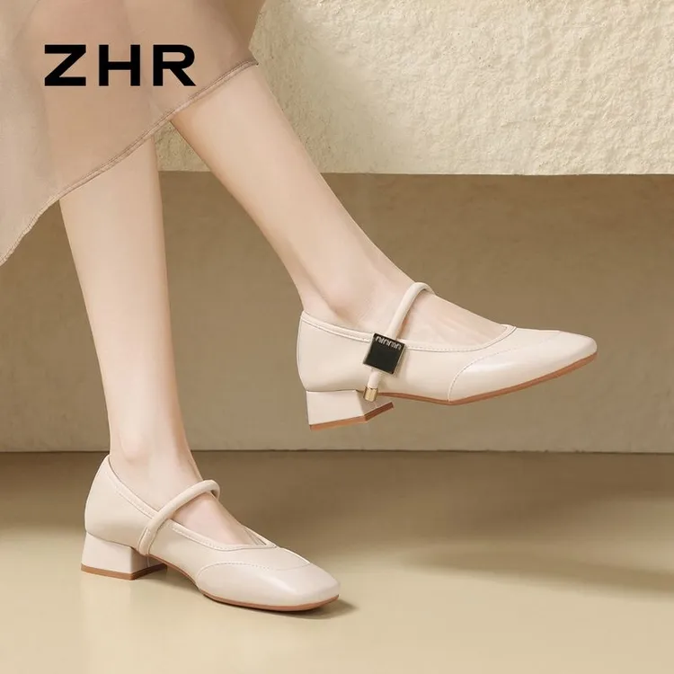 ZHR/则则粗跟单鞋女2025新款春季凉鞋玛丽珍一字带小香风时尚白色