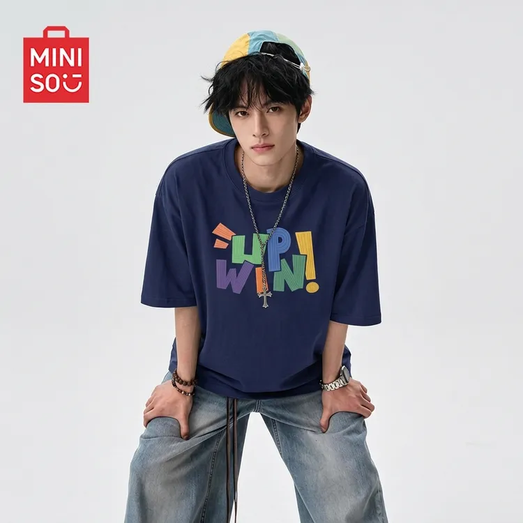 MINISO名创优品纯棉短袖t恤男夏季美式宽松圆领半袖青少年五分袖