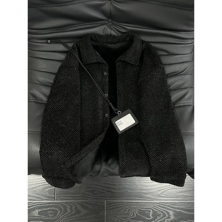 小香风提花条纹衬衫男款秋冬季加绒加厚美式复古外套长袖上衣衬衣