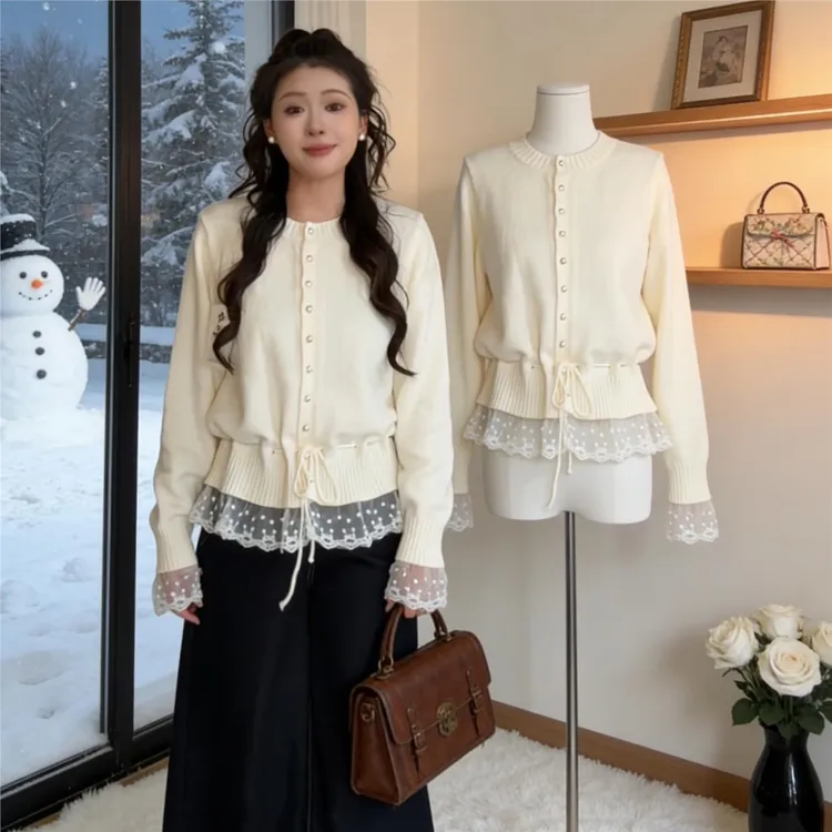 大码系带收腰圆领长袖针织衫女秋冬胖mm巨显瘦高级感蕾丝拼接上衣