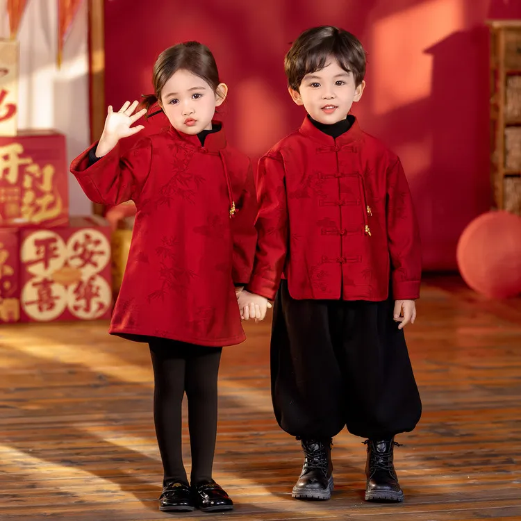 2025新款儿童汉服新中式加厚冬季男女童演出服宝宝红色拜年服套装