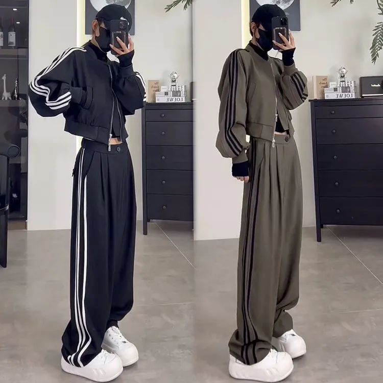 欧货休闲运动套装女秋季新款显瘦外套阔腿裤两件套潮女童女款洋气