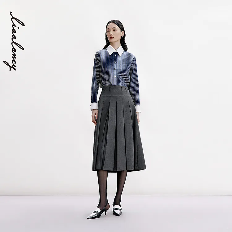 LANCY/朗姿2024秋季新款法式撞色条纹衬衫女时尚通勤长袖翻领上衣