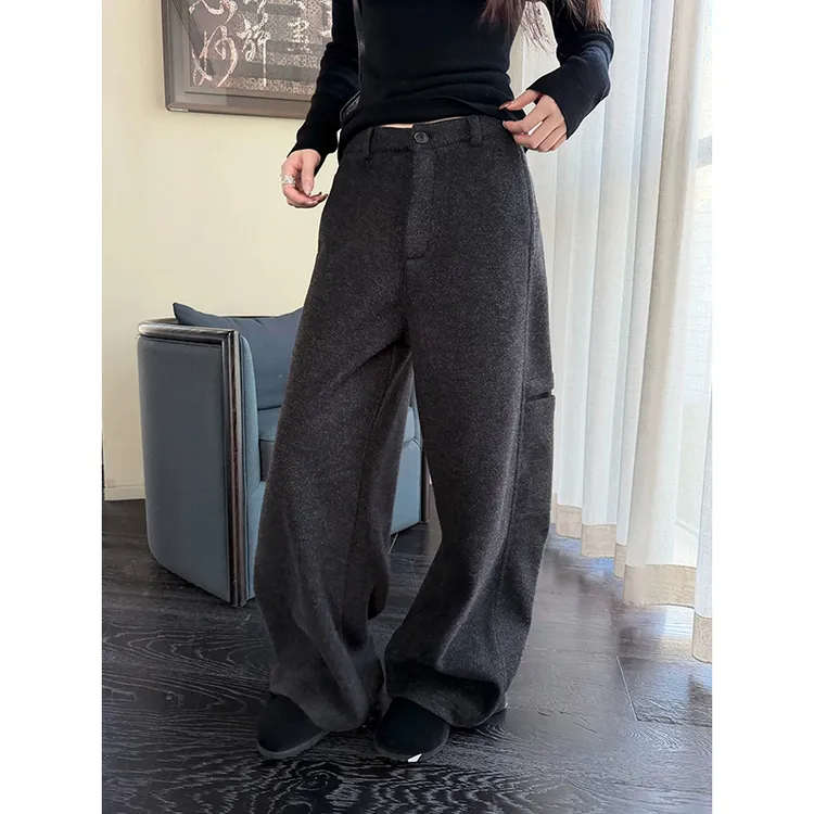 耶古韩系立体拼接加厚毛呢阔腿裤女秋冬新款垂坠感侧面开口弯刀裤