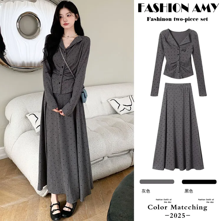 孕妇套装春装新款时尚法式波点长袖衬衫上衣显瘦高腰百褶半身裙子