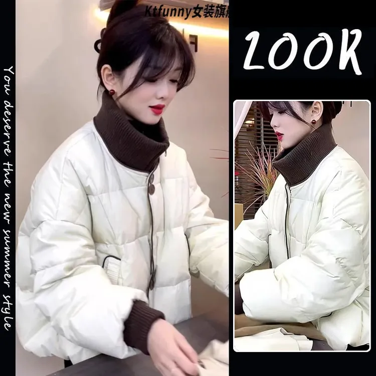 拼色棉服女2025针织立领新款拼接棉衣棉服冬季小个子短款棉衣外套