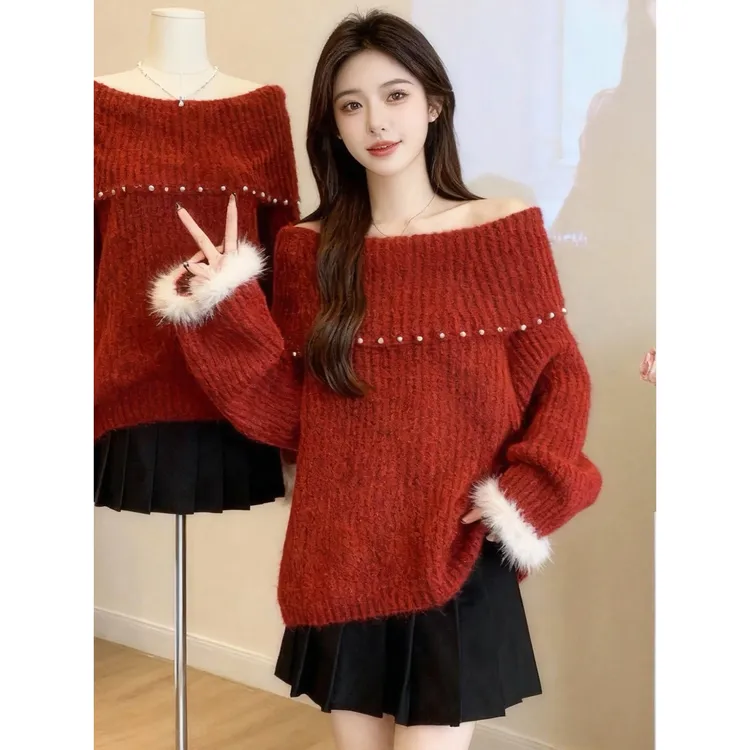 钉珠一字肩针织衫女冬季新款慵懒风洋气韩版气质宽松百搭时尚毛衣