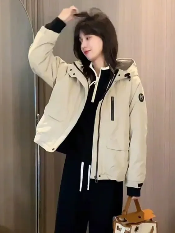 2025新款连帽夹棉短款外套抽绳带袖标休闲宽松长袖冲锋衣棉夹克