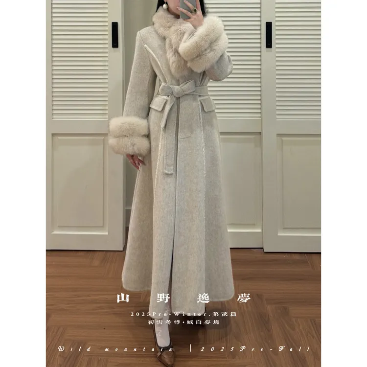 山野逸梦 狐狸毛长款双面手工90%绵羊毛毛呢大衣