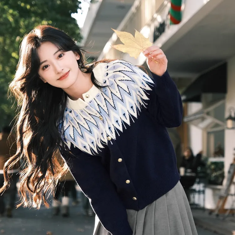 复古费尔岛提花针织开衫女2025春秋高级感洋气时尚宽松毛衣外套