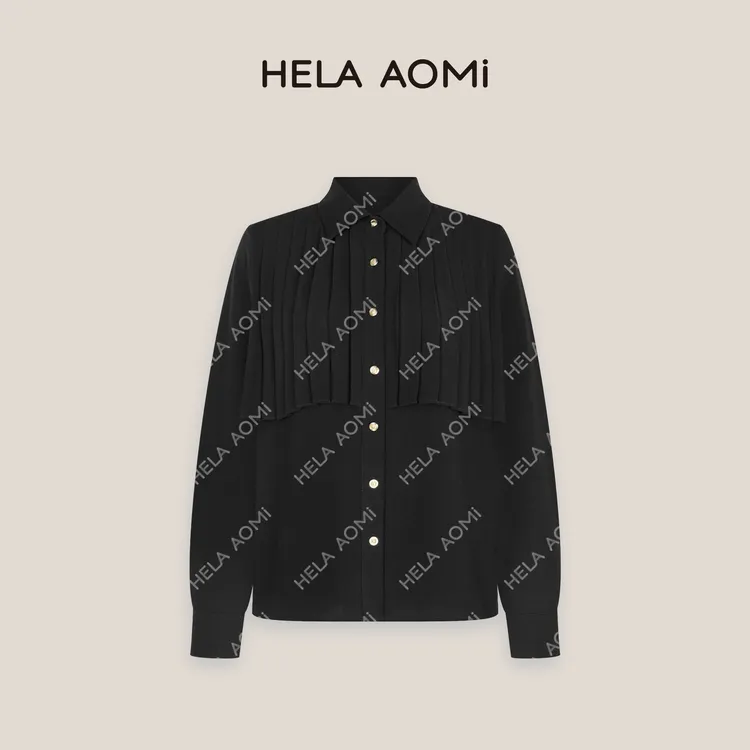 HELA AOMI“风琴衬衫”气质翻领经典重工压褶设计宽松轮廓衬衫