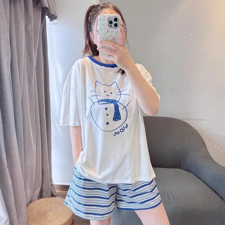 夏季2025新款可爱女孩睡衣短袖短裤条纹休闲可外穿家居服套装