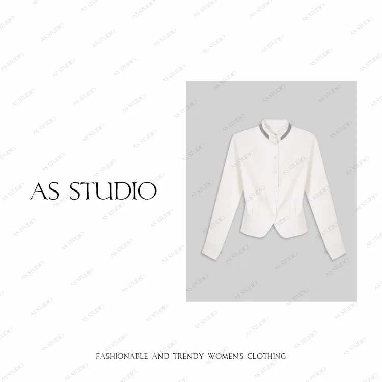 【AS小Lady】25新缎光垂坠爽滑闪耀珠链立领收腰衬衫AS25QCS02548