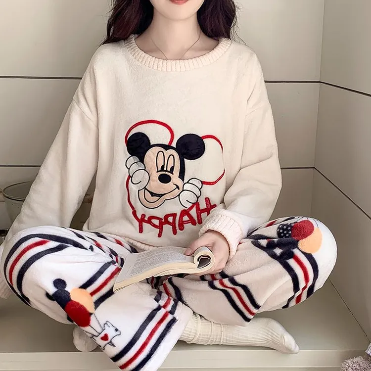 秋冬季女士保暖法兰绒睡衣可外穿条纹卡通米奇圆领长袖家居服套装