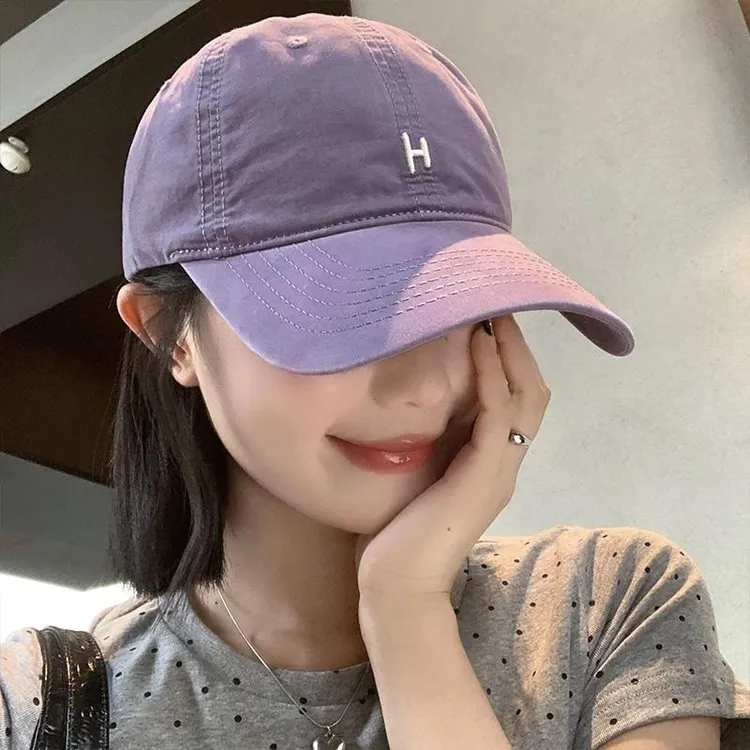 美式简约字母刺绣紫色棒球帽女夏宽帽檐大脸显脸小大头围鸭舌帽子