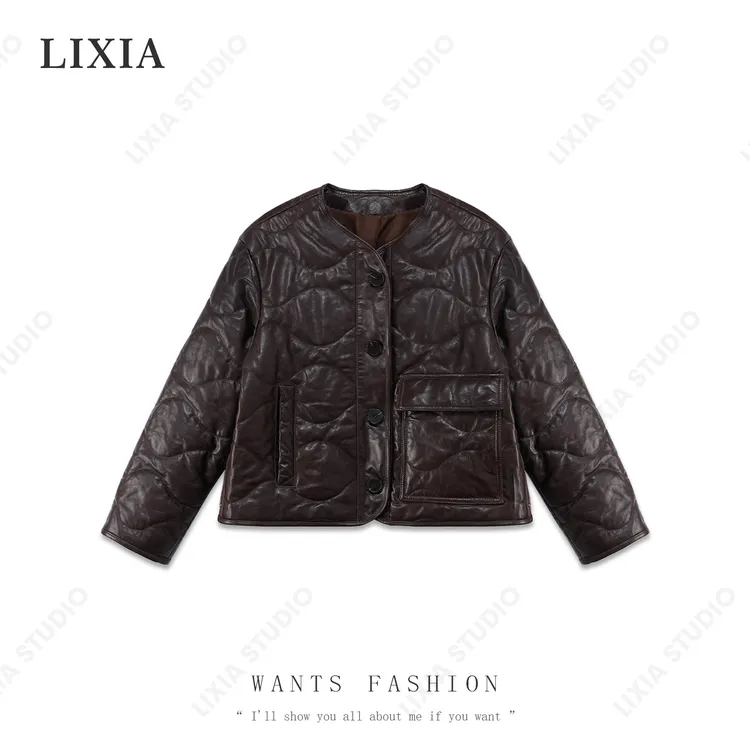 LIXIA【黑金爵士】轻奢时尚绵羊植鞣皮显瘦加棉保暖皮夹克-A7523
