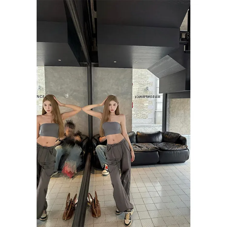 夏季新品纯欲风性感法式辣妹抹胸上衣修身显瘦工装长裤时尚两件套