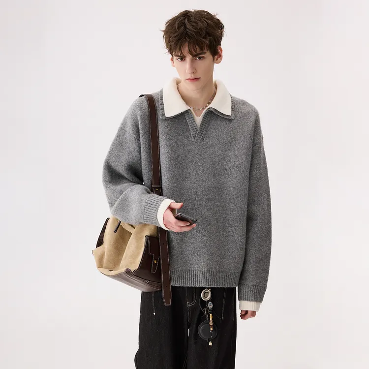 CHICERRO西西里男装休闲复古宽松潮流高级感双领V领假两件毛衣
