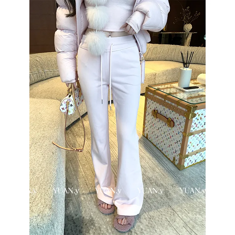 媛媛【初心萌动】粉色微喇裤女秋冬高腰修身垂感糯米休闲裤#K1236