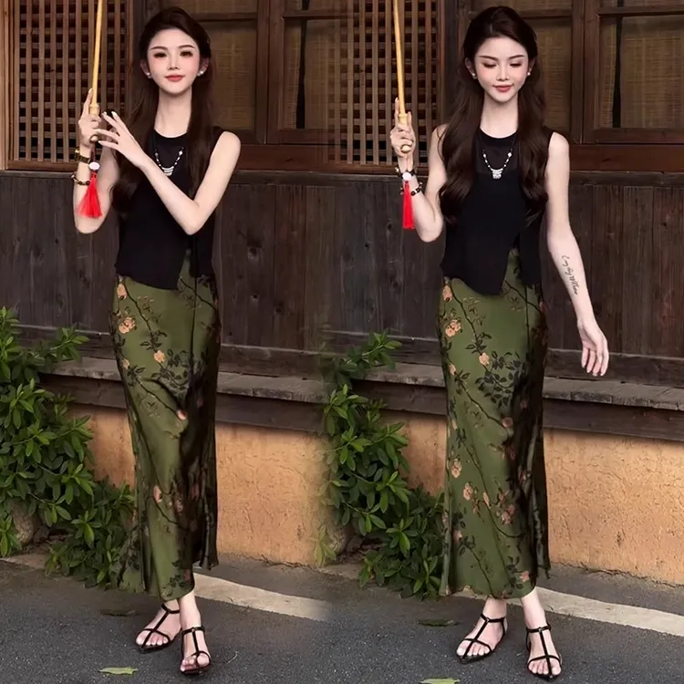 时尚连衣裙套装女夏季新款洋气不规则无袖背心印花半身裙两件套潮