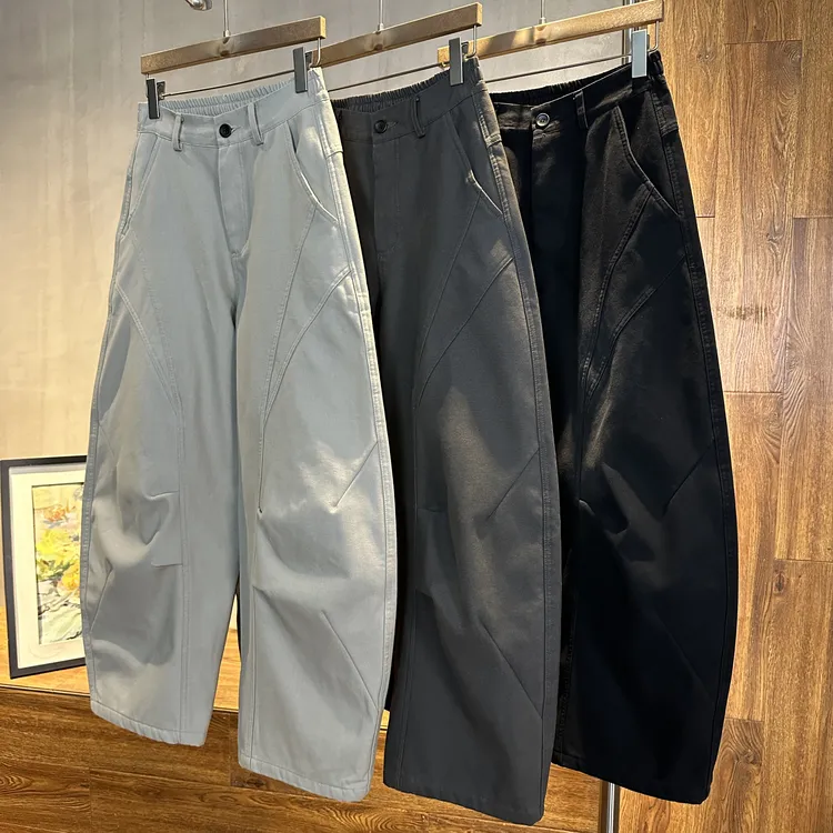 （楠悦）冬季新款全棉加绒加厚宽松大直筒裤保暖中腰休闲阔腿潮男