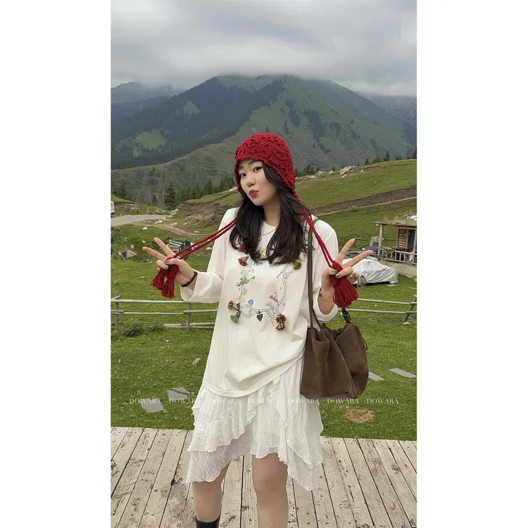 现货大婉酱微胖定制【彩色流苏T】趣味松弛感宽松T恤长袖上衣8850D