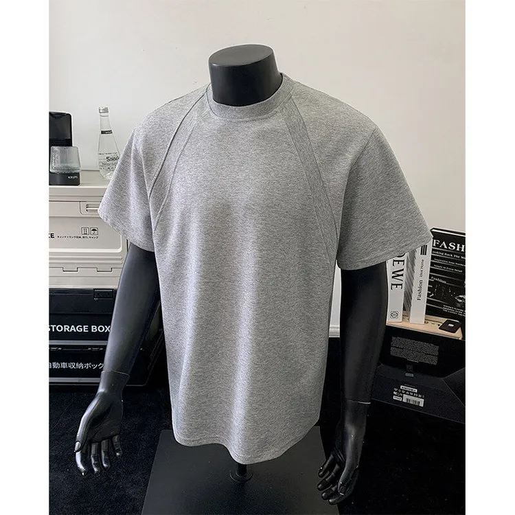 300g空气层重磅拼接短袖T恤夏季抗皱硬挺短款boxy版太空棉五分袖