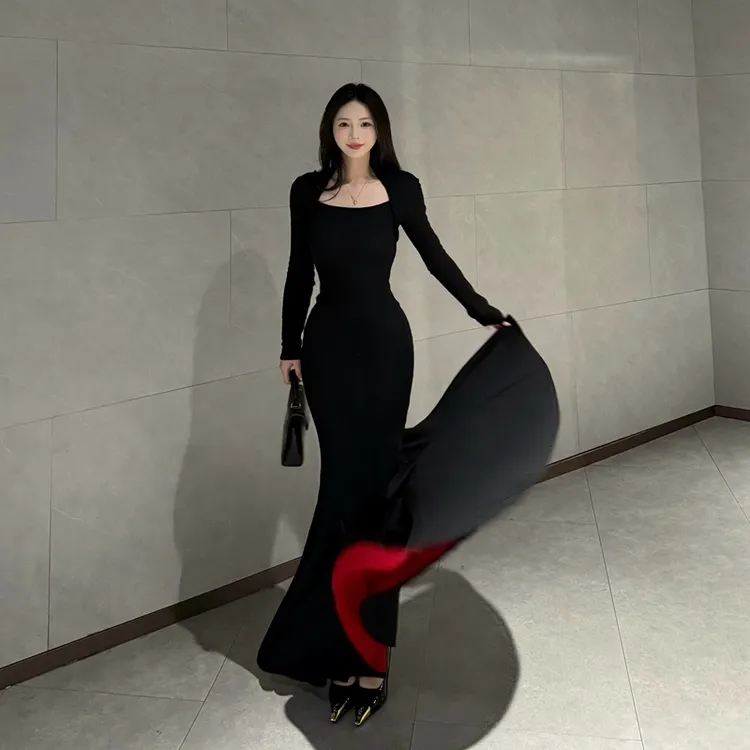 【红底加厚复合绒】秋冬步步生莲方领显瘦百搭包臀鱼尾裙气质长裙