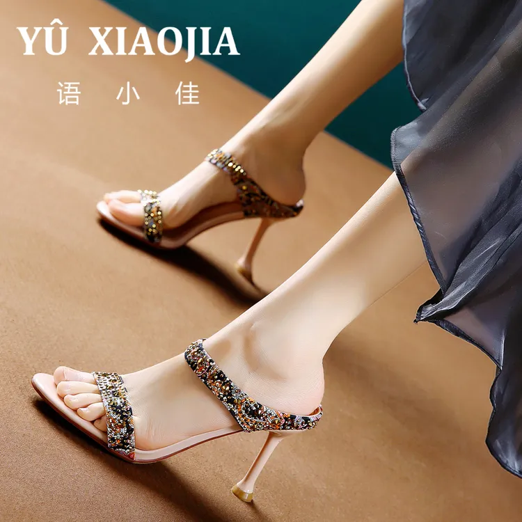 7.5CM[已开价]夏季气质高跟鞋女韩版外穿水钻细跟一字拖鞋568-19