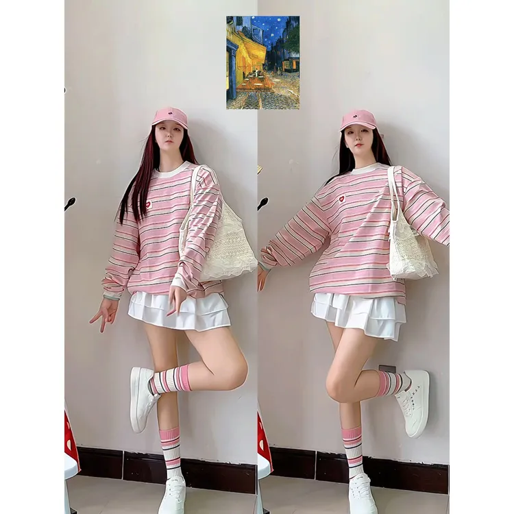 美式甜美街头条纹圆领加绒加厚长袖T恤男女秋冬宽松休闲上衣潮ins
