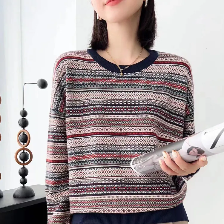 设计感小众条纹上衣圆领宽松休闲复古打底套头针织衫