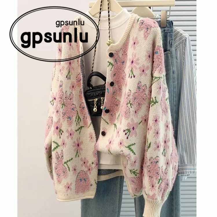 gpsunlu日系新款秋冬季提花毛衣外套女生高级感宽松慵懒软糯上衣
