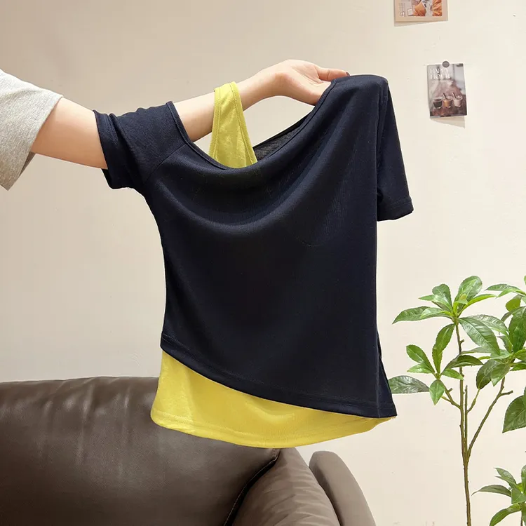 韩版斜肩拼接假两件T恤女夏季新款撞色百搭洋气别致休闲小众上衣