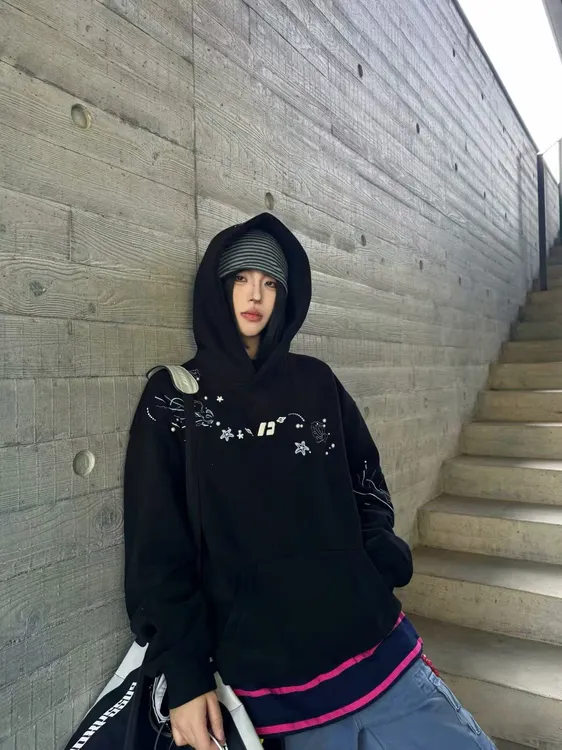 伶落旧人美式高街北极星刺绣连帽卫衣女加绒加厚宽松潮牌情侣外套