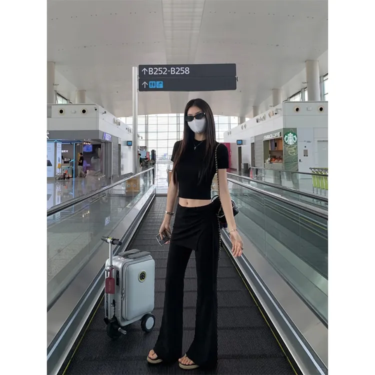韩系气质时尚套装女夏季2025新款辣妹修身短袖微喇高腰裤子两件套