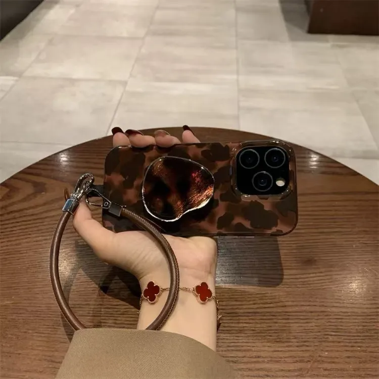 棕色琥珀豹纹支架适用苹果16promax手机壳iPhone15pro手提14pro新