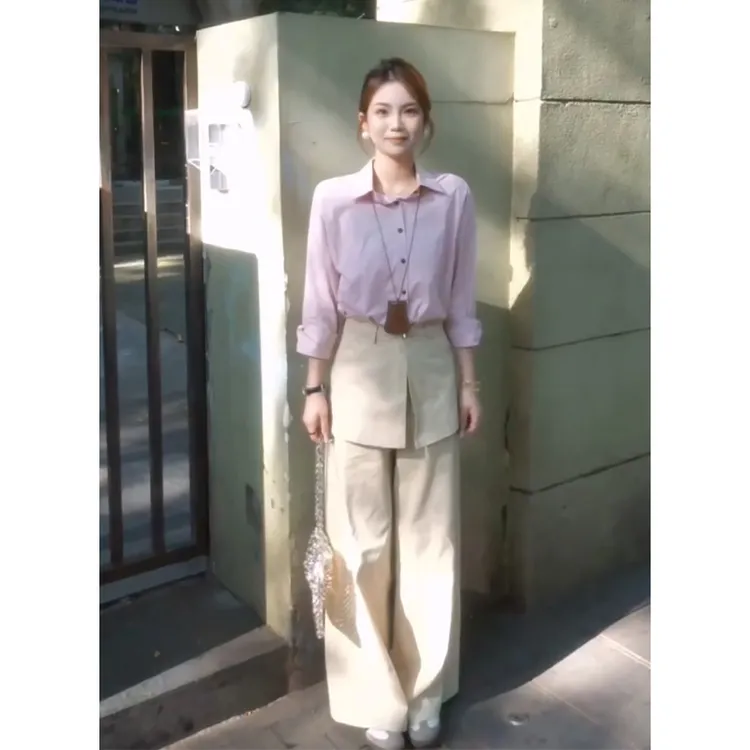 2025早秋新款女法式气质翻领长袖衬衫上衣设计感高腰显瘦阔腿长裤