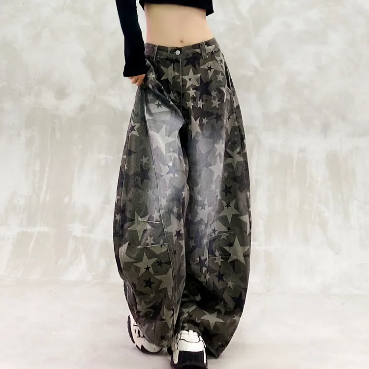 帅气星星迷彩休闲弯刀牛仔裤女秋新款高腰宽松显瘦百搭直筒香蕉裤