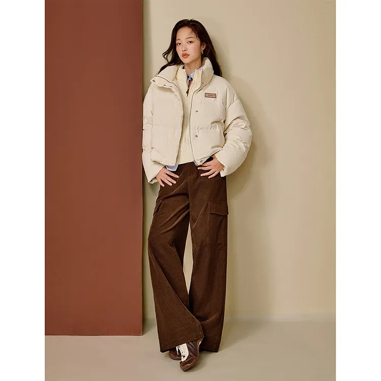 【冬日甜心追击】茵曼25冬季复古保暖灯芯绒羽绒服立领宽松短款外套