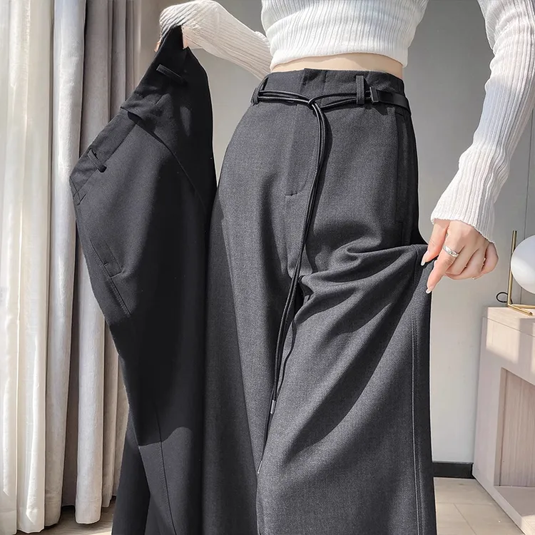 老钱风灰色窄版西装裤女秋季2025新款高腰系带显瘦垂感拖地阔腿裤