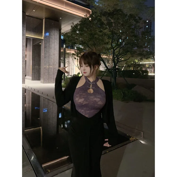 【黛黛】胖MM新中式立领镂空印花无袖上衣夏季性感辣妹显瘦上衣套装