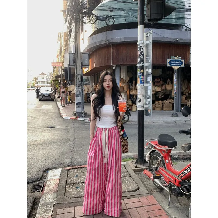 2025春季新款修身显瘦简约百搭时尚性感吊带上衣条纹宽松直筒长裤