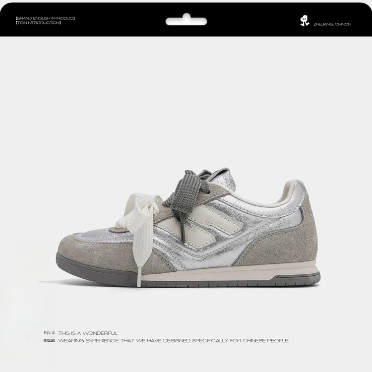 阿甘德训女鞋2025秋冬新款休闲运动系带内增高时尚银色潮流款