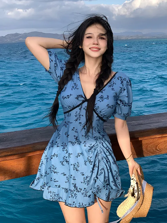 JX2025新款大码胖mm女裙式连体泳衣遮肚显瘦泡温泉游泳装