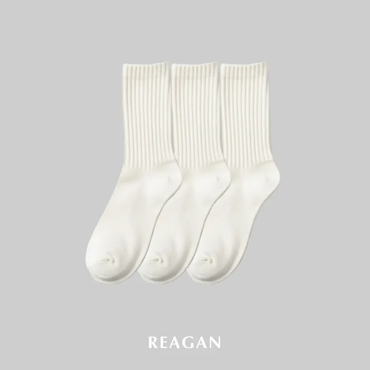 REAGAN/花根(3双装)C202休闲白色条纹堆堆袜运动粗织棉袜中筒袜